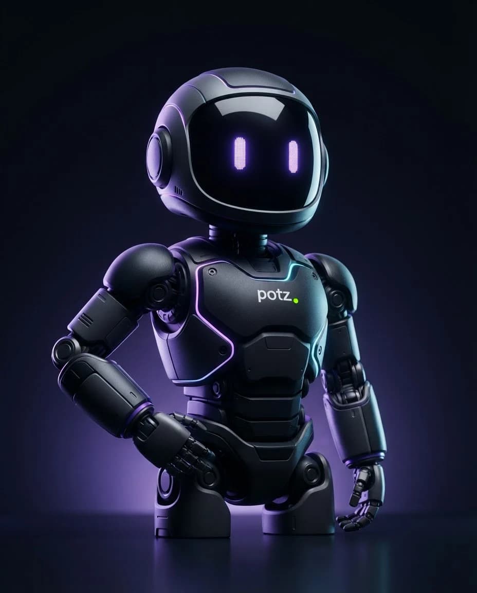 Mascote da POTZ.: um robô de capacete escuro com olhos de luz roxa e a marca potz. no peito